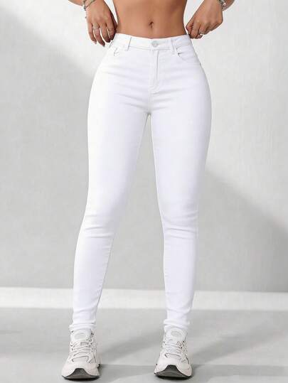 EMERY ROSE Jeans ajustados de cintura baja de unicolor, versátiles y casuales para uso diario y trayectos