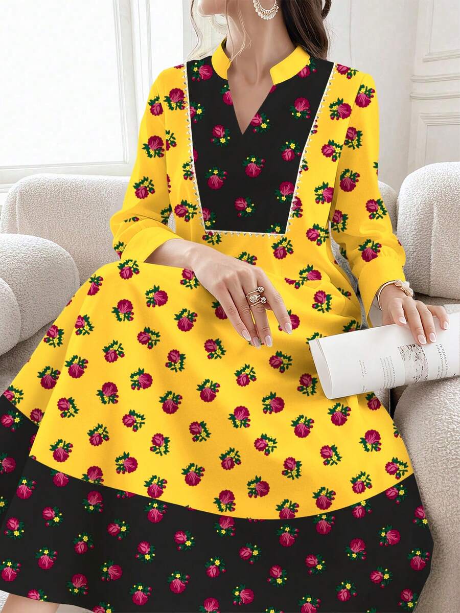 SHEIN Najma Women's Floral & Plant Print Colorblock V-Neck Long Sleeve Elegant Arabic Style Dress, Suitable For Spring And Autumn