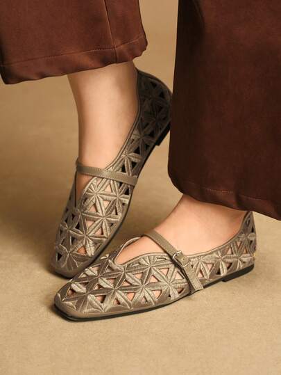 Rosivie Elegant Hollow-Out Flat Shoes For Women, Fashion & Comfortable, French Square Toe Graceful Flats Valentine's Day