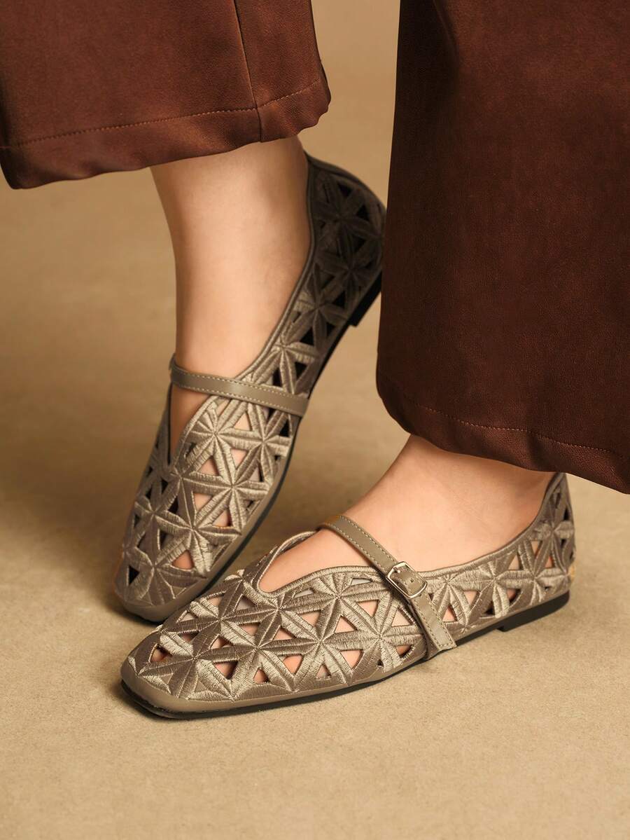 Rosivie Giày bệt khoét lỗ thanh lịch dành cho nữ, thời trang và thoải mái, kiểu mũi vuông Pháp duyên dáng. - Màu Khaki - Xem 1