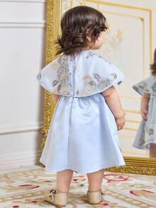 2pcs/Set Toddler Girls' Elegant Floral Applique Round Neck Cape Dress - Blue - View 4