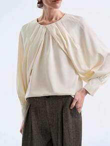 Aalyst 女士法式优雅奢华时尚圣诞派对简约高端休闲度假工作装复古舒适纯色缎面立领蝙蝠袖长袖衬衫，适合春、秋、冬季穿着。 - 杏色 - 查看 4