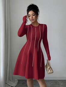 SHEIN Elenzya 秋冬韩版优雅撞色圆领长袖收腰短款泡泡袖连衣裙 - 紅色 - 查看 3