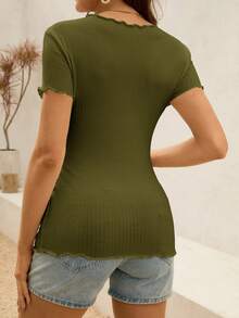 SHEIN Maternity Ribbed Lettuce-Edge Form-Fitting Short Sleeve Top - Army Green - View 2