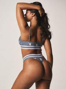 Missguided x Playboy Bunny Print V Neck Bralette With Thong Brief Set Elastic Band Intimates Loungewear Valentine Gift - Grey - View 3