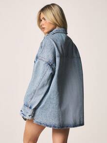 MISSGUIDED Oversized Press Stud Western Denim Shirt With Collared Neckline And Long Sleeves For Casual Outerwear Fall Winter - Blue - View 2