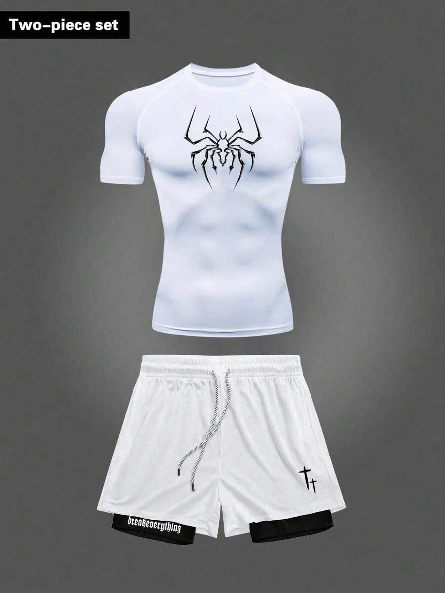 Gym Rark Men's Round Neck Spider Print Short Sleeve Top And Drawstring Waist Cross Print Shorts Casual Everyday Outdoor Sports Suit - White - View 1