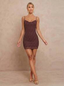 Lumalex Women's Sexy Polka Dot Print Backless Spaghetti Strap Mini Dress, Spring Summer Modest Old Money Coquette Glitter Holiday Party Outfit Rave Festival Outing Swim Vacation Bohemian BOHO Hot Outdoor Richly Layered Wedding Season Banquet Coming Of Age Ceremony Beach Seaside 1pc Women Asymmetric Ruched Bodycon Mini Dress Luxury Prom Christmas New Year - Brown - View 8
