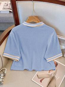 GlowEve CURVE 大码撞色 Polo 领休闲夏季针织 T 恤 - 藍色 - 查看 2