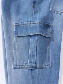 Tween Boy Cool Multi-Pocket Casual Street Style Drawstring Waist Washed Blue Denim Jeans - Light Wash - View 8