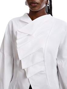 LYSMO 大码简约秋冬女式纯色荷叶边泡泡袖时尚衬衫，灯笼袖衬衫，泡泡袖衬衫，白色衬衫，优雅白色长袖衬衫 - 白色 - 查看 3