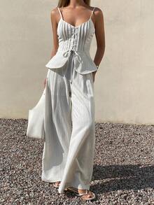 DAZY 女士优雅系带吊带背心和阔腿裤两件套，春夏度假装 - 米色 - 查看 5