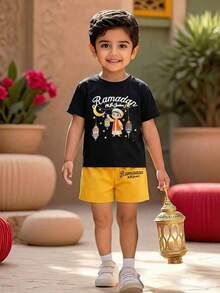 SHEIN 2pcs/Set Young Boy Ramadan Print Round Neck Short Sleeve T-Shirt And Bright Yellow Shorts - Black - View 1