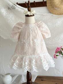 LMoss Kids 女婴圆领泡泡袖花卉刺绣网纱可爱连衣裙 - 白色 - 查看 5