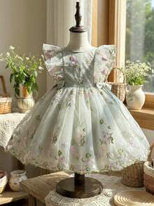 SHEIN X GALILEA LMoss Kids 女童雪纺碎花荷叶边休闲连衣裙 - 彩色 - 查看 4