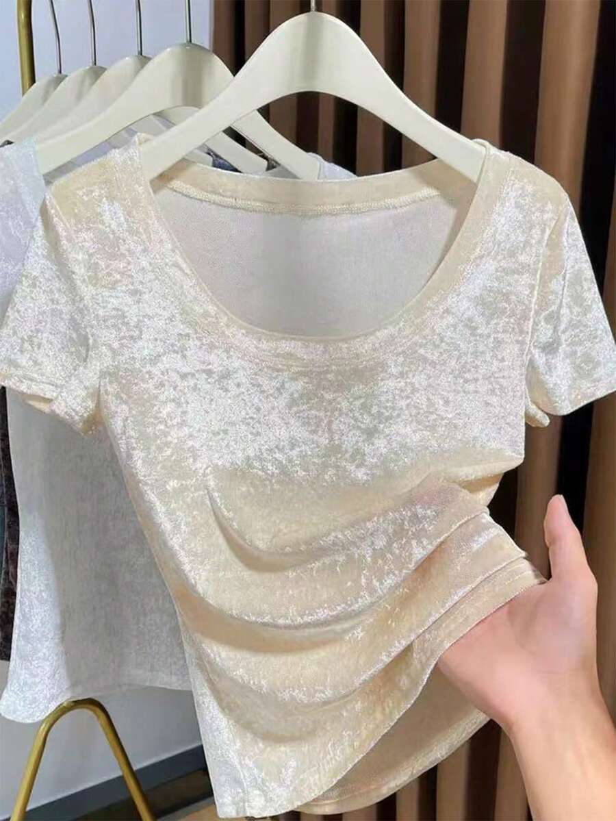 Franclia Áo thun ngắn tay màu trơn dáng casual dành cho nữ, thích hợp mặc mùa hè. - Màu be - Xem 1