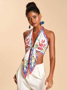 Travachic Women's Sexy Backless Halter Neck Floral & Letter Print Vacation Beach Top - Multicolor - View 5