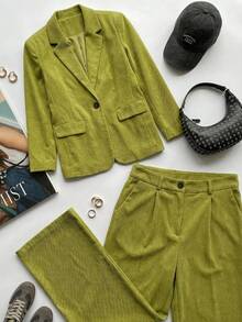 Aveloria EMERY ROSE Women's Autumn Corduroy Solid Color Loose Fit Wide Shoulder Lapel Minimalist Blazer And Wide Leg Pants Suit Set - Green - View 1