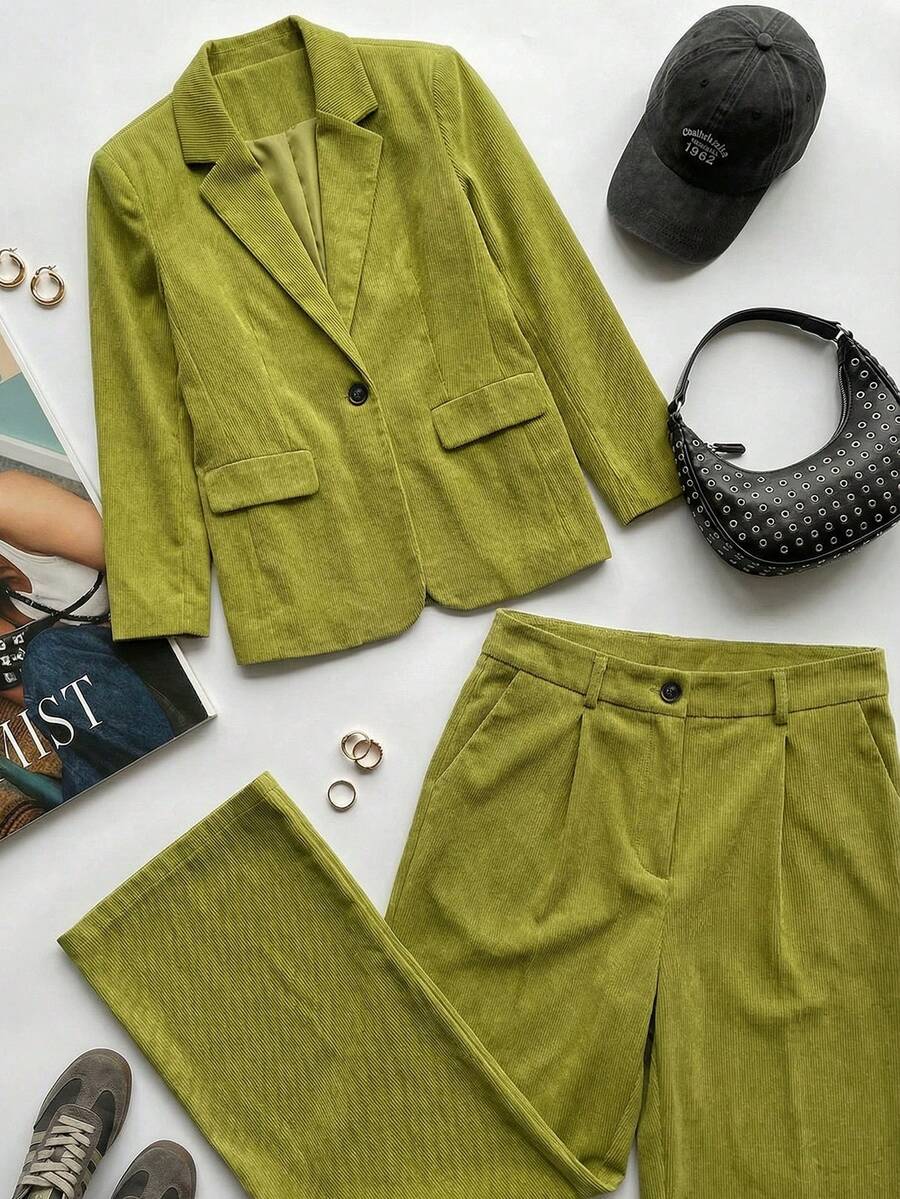 Aveloria EMERY ROSE Women's Autumn Corduroy Solid Color Loose Fit Wide Shoulder Lapel Minimalist Blazer And Wide Leg Pants Suit Set - Green - View 1