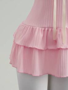 Elamini 女士甜美粉色蕾丝边蝴蝶结系带前开襟荷叶边连体泳衣，夏季 - 粉色 - 查看 6