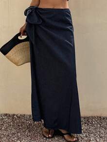 DAZY Women's Side Tie Loose Straight Long Skirt, Casual And Elegant Denim A-Line Skirt - Dark Wash - View 4