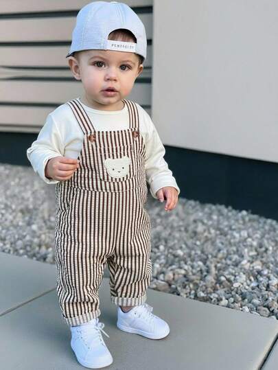 Pixure   Baby Boy Woven Striped Bear Graphic Casual Bib Overalls