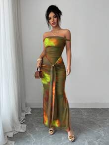 Vestido elegante de playa para mujer, vestido de malla con estampado de teñido anudado y ajustado de hombros descubiertos, para verano - Verde Oliva - Ver 3