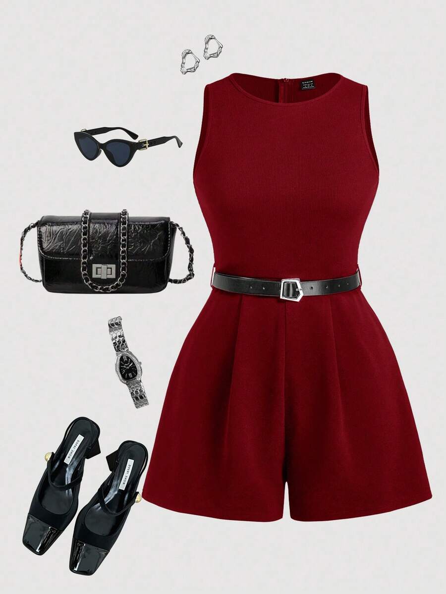 SHEIN MOD Bộ áo liền quần hai dây màu đen kiểu vintage thập niên 70 dành cho nữ cỡ lớn, kèm thắt lưng đi kèm - Hoàn hảo cho phong cách quý tộc cổ điển, trang phục đi làm, phong cách sinh viên, trang phục thường ngày, trang phục miền Tây, trang phục công sở và trang phục sân bay. - Màu Đỏ Sâu - Xem 1