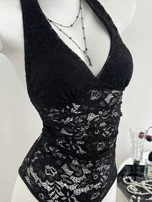 Elamini Casual Versatile Deep V-Neck Ruched Black Lace Bodysuit - Black - View 5