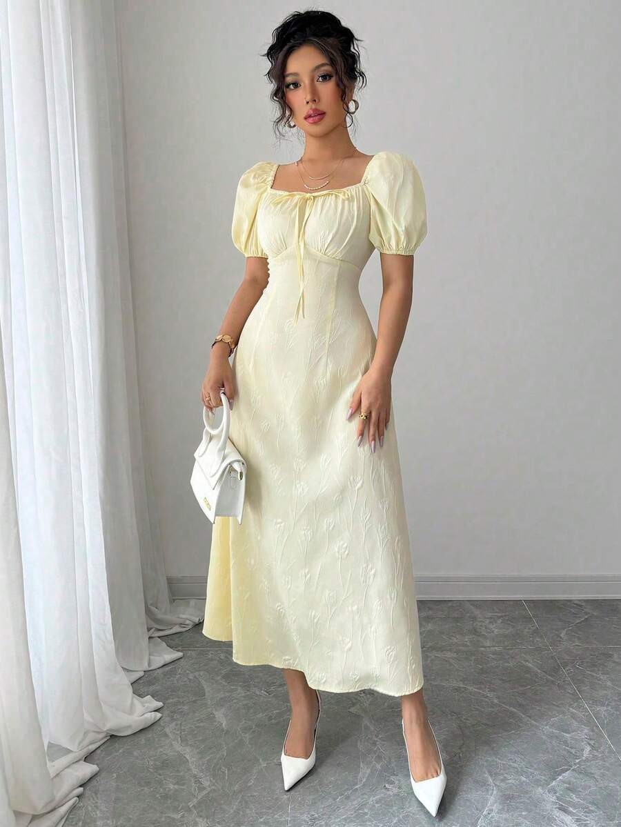 Modelyn Đầm nữ kiểu Pháp thanh lịch cổ tim thắt eo phía trước - Vàng nhạt - Xem 1