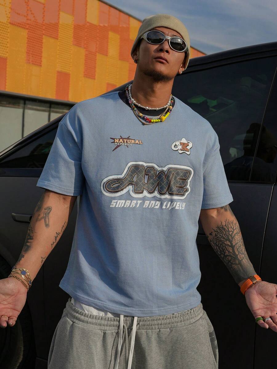 DAZY Summer Letter Print Blue Round Neck Streetwear Men T-Shirt - Blue - View 1