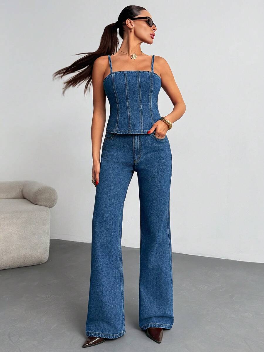 SHEIN 100% Cotton Women's Denim Two Pieces Outfits With Top And Jean - Medium Wash - View 1