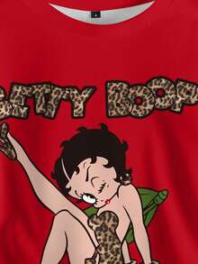 Betty Boop x SHEIN Áo sweatshirt cổ tròn in chữ và hình hoạt hình dành cho nữ, kiểu dáng thường ngày, thích hợp cho mùa thu. - trắng - Xem 5
