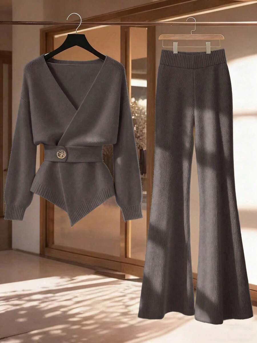 Franclia 2pcs/Set Women Casual Loose Fashion Elegant Commuting High-Quality Knitted Sweater Set, Autumn/Winter Wide Leg Pants Set Grey Two Piece Set Elegant 2 Piece Set Formal Two Piece Set - Coffee Brown - View 1
