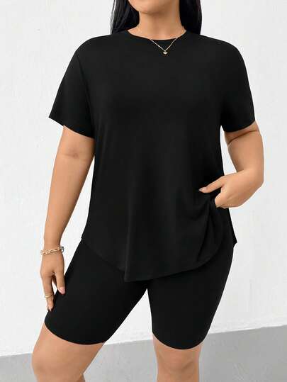 Shapeblank Plus-Size Women's Spring/Summer Fashionable Casual Loose High-Elasticity Comfortable Everyday Basic Versatile Black Short-Sleeved T-Shirt And Tight Shorts Two Pieces Set,Summer Clothes,Street Wear,Airport Outfits,Simple Style