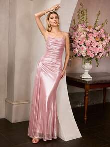 MOTF Soiréza VESTIDO ELEGANTE DE MUJER CON TIRANTES FINOS TIPO MAXI DE MALLA BRILLANTE - DRAPEADO ASIMÉTRICO EN EL COSTADO Y CORTE SIRENA AJUSTADO CON CREMALLERA TRASERA | IDEAL PARA FIESTAS, GALAS, AÑO NUEVO Y EVENTOS FORMALES - Rosa - Ver 7