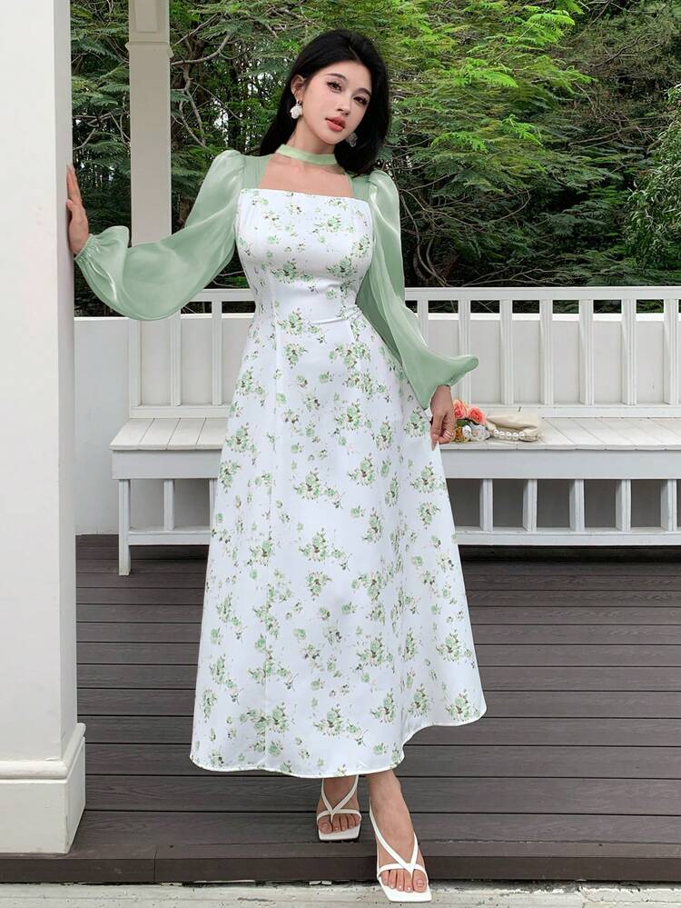 Feyla Women's Floral Print Lantern Sleeve Hollow Out Design Elegant Mid-Length Dress Garden Dress Green And White Dress Milkmaid Dress Cottagecore Dress Floral Dress - Pastel Green - View 3