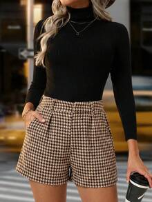 Solivie Women's Casual Houndstooth Print Pleated Loose Shorts With Side Pockets, Suitable For Daily, Workplace, Commuting In Summer - Multicolor - View 5