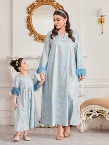 SHEIN Váy dài tay họa tiết lông cho bé gái - Màu xanh lam - Xem 1