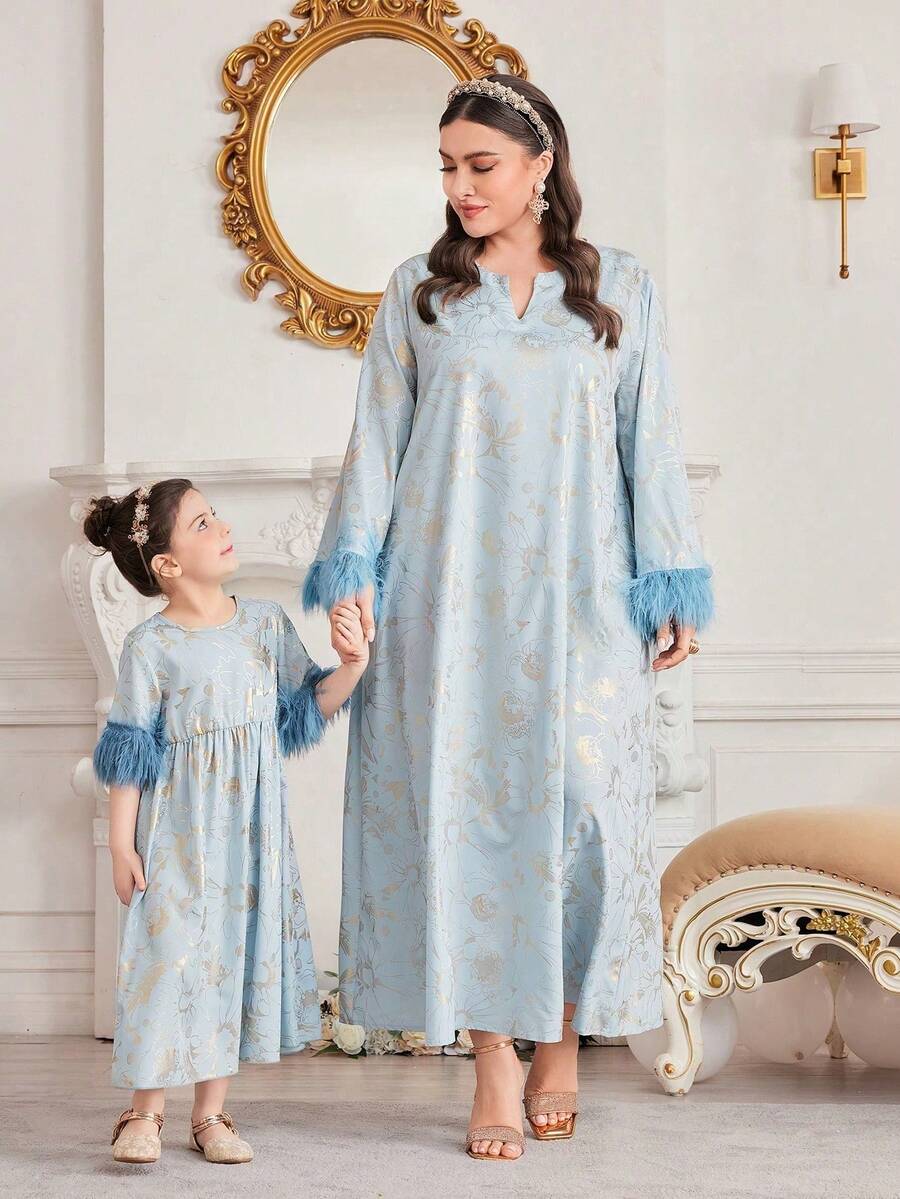 SHEIN Váy dài tay họa tiết lông cho bé gái - Màu xanh lam - Xem 1