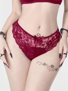 ROMWE J-Fashion Y2K Sexy Hollow-Out Criss-Cross Lace Women's Thong Panties, For Valentine's Day - Burgundy - View 6