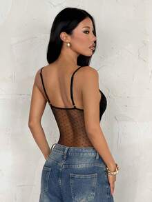 SHEIN PETITE Solid Color Lace Patchwork Sheer Sexy Jumpsuit - Black - View 2