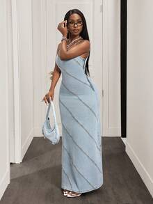 Slaydiva 女士休闲百搭撞色滚边牛仔吊带裙 - 棕色 - 查看 7