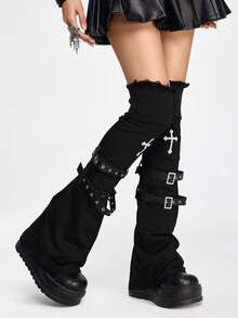 ROMWE 1 Pair Gothic Cross Print Rivet Strap Over-The-Knee Leg Warmers, Punk Rock Style Leg Warmers For Women, Suitable For Daily, School, Date, Party, Shopping And Other Occasions - Black - View 2