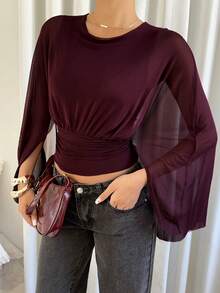 Siren Gaze 女士纯色斗篷式腰部T恤，适合通勤。 - 中紫紅色 - 查看 7