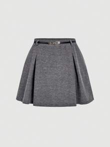 SHEIN MOD 大码灰色高腰A字裙，配金属腰带，针织抓绒面料，适合秋冬春季穿着 - 深灰色 - 查看 5