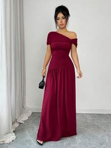 Rafferiza 不对称领口褶皱长款连衣裙 - 酒紅色 - 查看 1