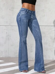 Jeanoix Star Embroidery & Rhinestone Decor Low Waist Stretch Distressed Flare Jeans - Light Wash - View 4