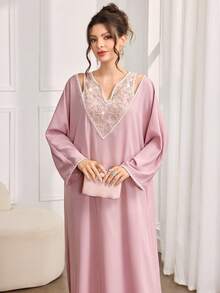 Al Najma Women's Elegant Turkish Lace Embroidery Hollow Design Long Sleeve Cardigan Kaftan Jalabiya Dress - Pink - View 3