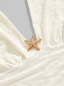 ROMWE Avant Plus Size Women's Summer Sexy Beach Vacation Style Solid Color Textured Fabric Metal Starfish Decor Multi-Layered Ruffle Hem Backless Tie Neck Dress - Apricot - View 9